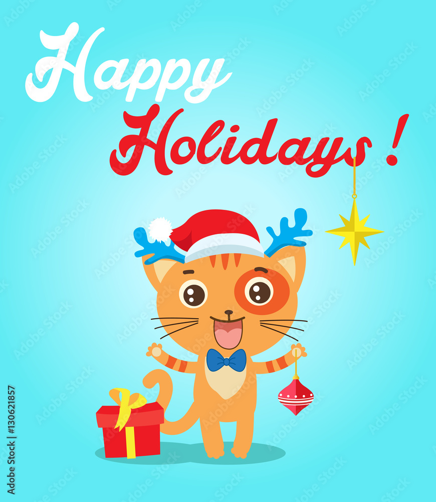 Fototapeta premium Cat Cartoon Character For Christmas Vector Cards And Banners. Funny Kitty With Gifts And Christmas Ball In Flat Style. Happy Holidays Postcard Design. Funny Cat.