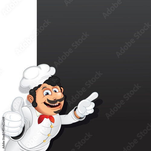 Chef Cook with Menu Chalkboard. Vector Template