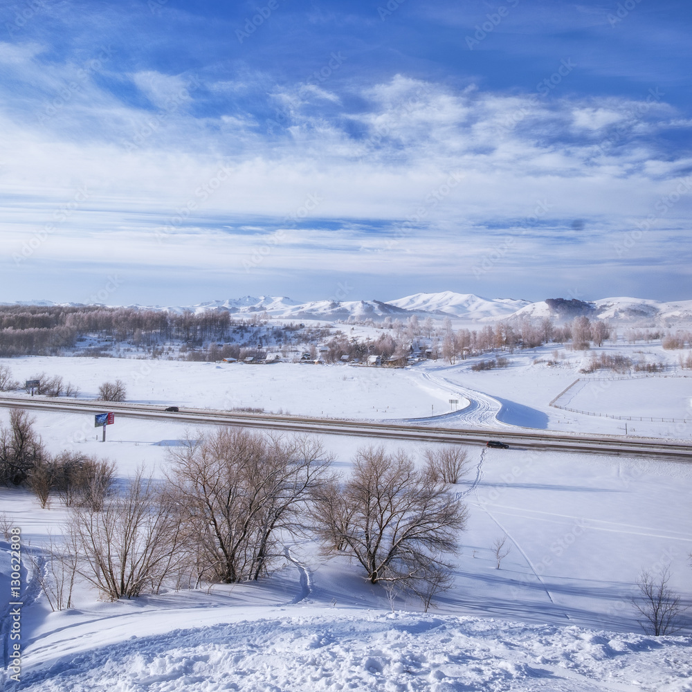 Winter road/Winter road in the Altai Mountains, Mountain Altai, Siberia, Russia Winter road/Winter road in the Altai Mountains, Mountain Altai, Siberia, Russia