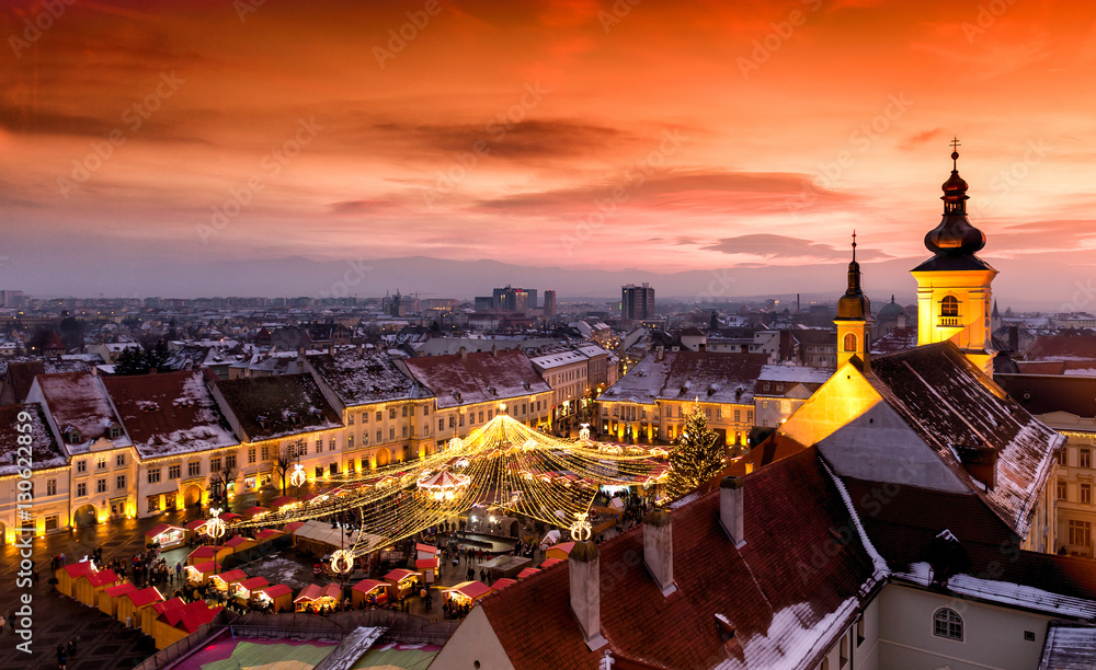 Christmas Market in Sibiu, Transylvania Romania. Beautifull sunset