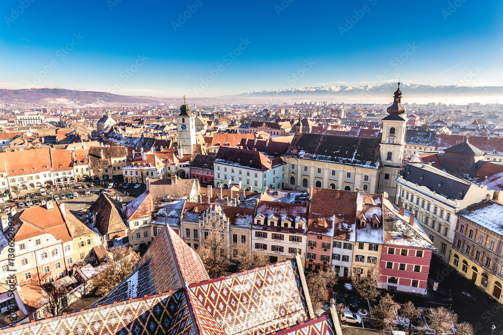 Overview of Sibiu, Transylvania, Romania. View from above. HDR Photo.