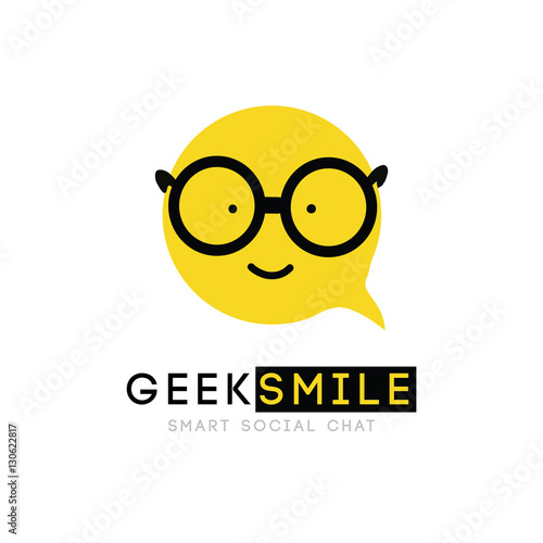 logo, smiley with glasses, clever cartoon cheerful good sign, bubble, computer smiling, learning, children, chat, vector, symbol for an application virtual communication.