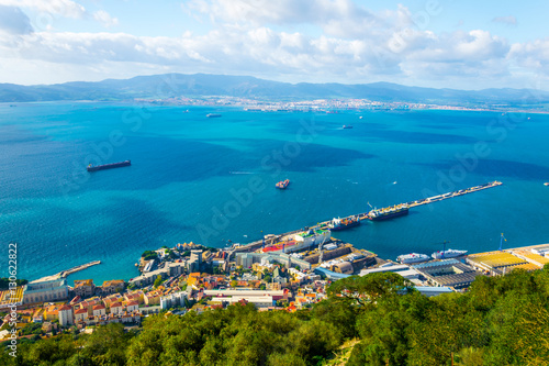 Aerial view of Gibraltar, algeciras bay and la linea de la concepcion taken from the upper rock.