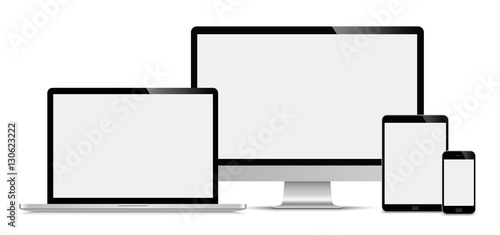 Realistic set of monitor, laptop, tablet, smartphone - Stock Vector