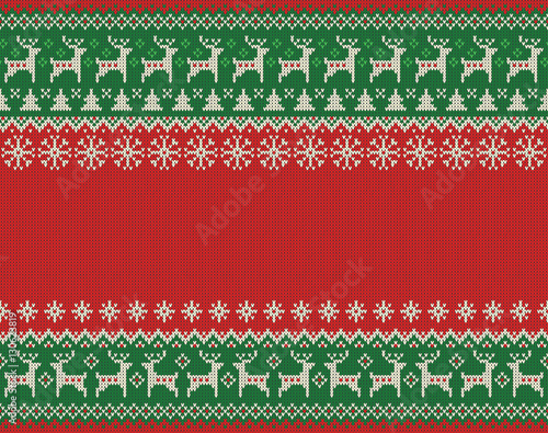 Merry Christmas and New Year seamless knitted pattern with Christmas balls, snowflakes and fir. Scandinavian style. Winter Holiday Sweater Design. Vector Illustration.