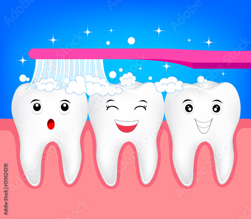 Happy cute cartoon tooth with toothbrush. Illustration for dental healthy care concept.