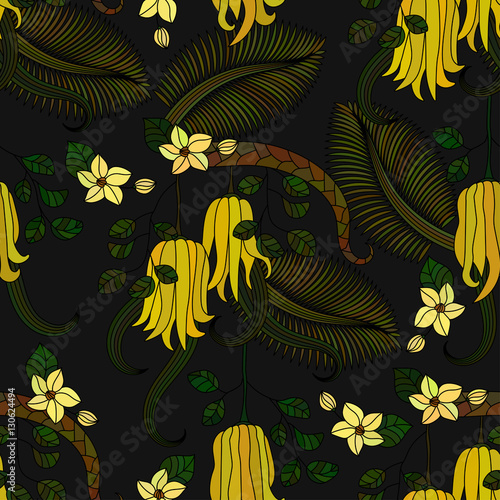 Pattern with tropical plants, flowers and citron