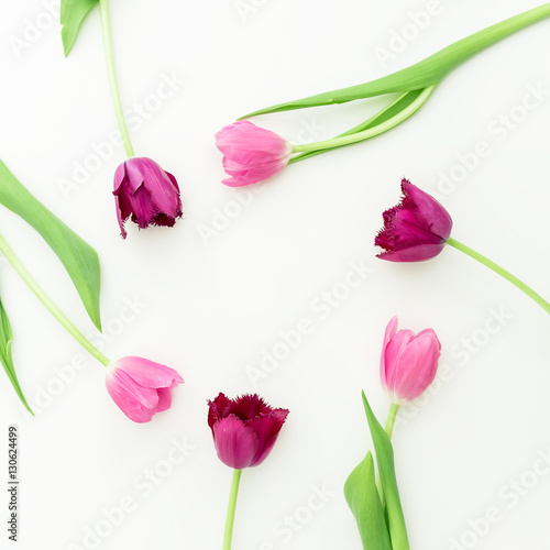 Fototapeta Naklejka Na Ścianę i Meble -  Tulip flowers. Flat lay, Top view