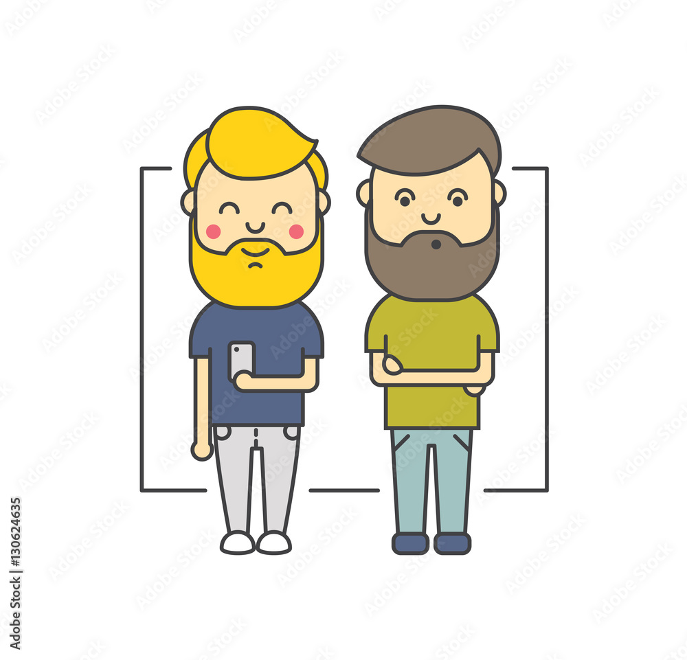 Isolated flat hipster men with beard using smartphone Isolated flat hipster men with beard using smartphone