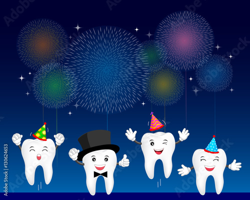 Cute cartoon tooth character with Colorful fireworks. Background for your holiday party design, Illustration.
