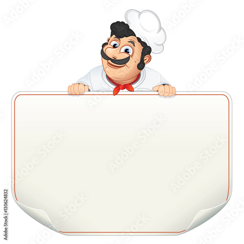 Happy Chef Cook Hold Blank Menu Templaate. Vector