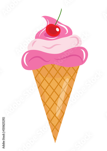 Ice Cream cone icon flat cartoon style. Ice Cream with cherries. Isolated on white background. Vector illustration, clip art