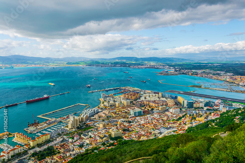Aerial view of Gibraltar, algeciras bay and la linea de la concepcion taken from the upper rock.
