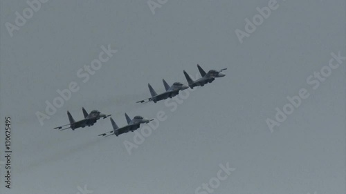 Russian military fighter in flight in the sky
