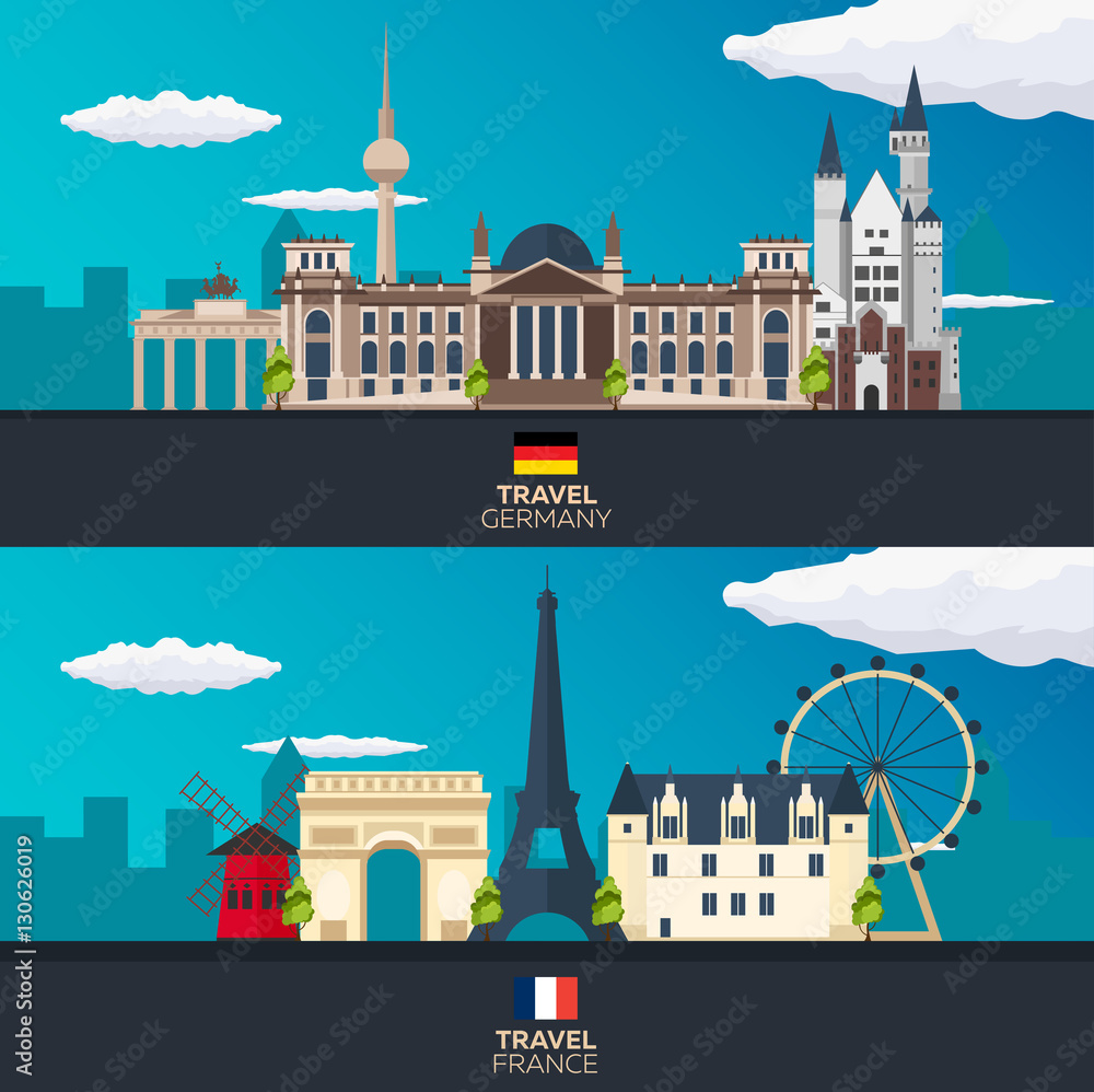 Travel to Germany and France, Europe Poster skyline. Vector illustration.