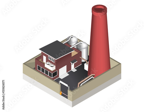 Vector illustration isolated on white background. Isometric icon representing factory building with a pipe, cisternae, fence with a barrier.