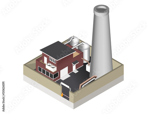 Vector illustration isolated on white background. Isometric icon representing factory building with a pipe, cisternae, fence with a barrier.