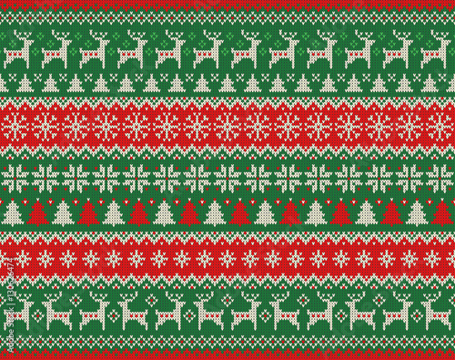Merry Christmas and New Year seamless knitted pattern with Christmas balls, snowflakes and fir. Scandinavian style. Winter Holiday Sweater Design. Vector Illustration.