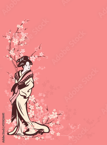 spring season vector background with Japanese geisha and sakura