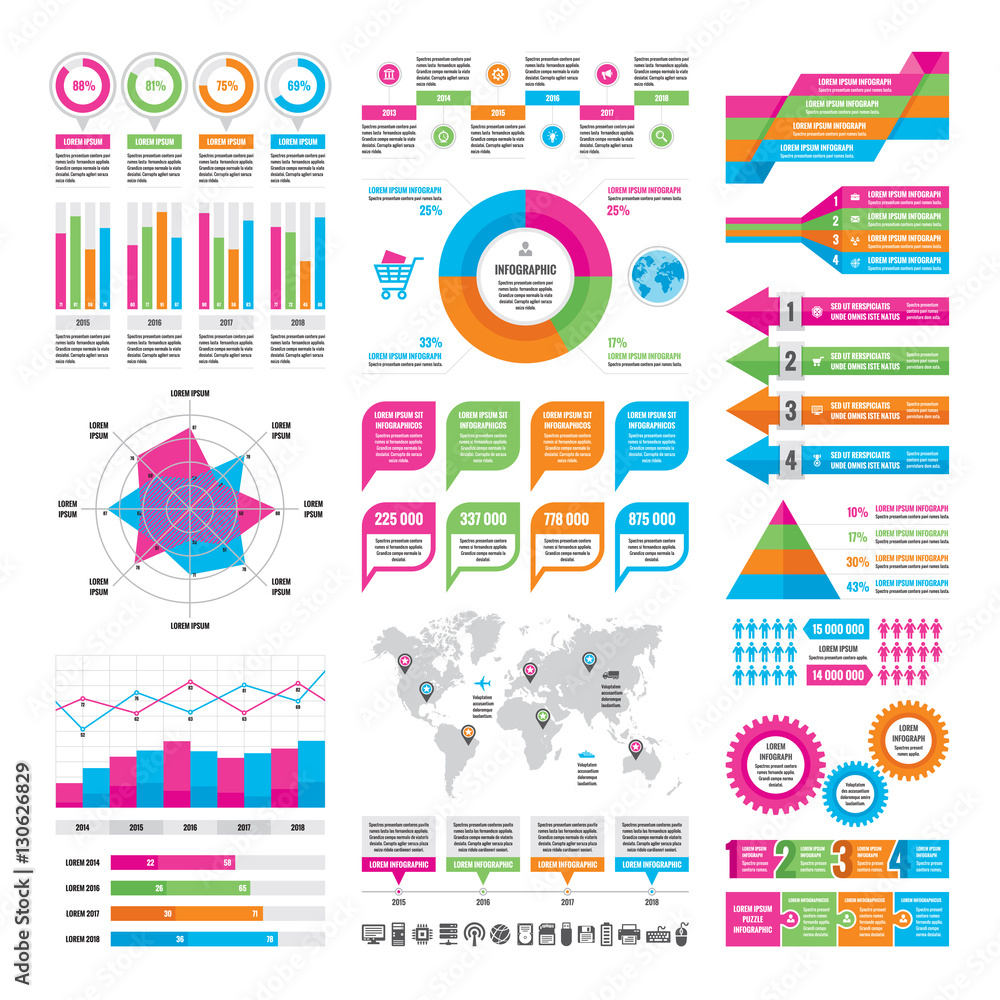 Business infographic concept - vector graphic template of design elements in flat design style for presentation, booklet, website etc. Icons set.