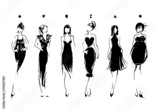 Fashion models in sketch style. Collection of evening dresses. Female body types. Hand drawn vector illustration