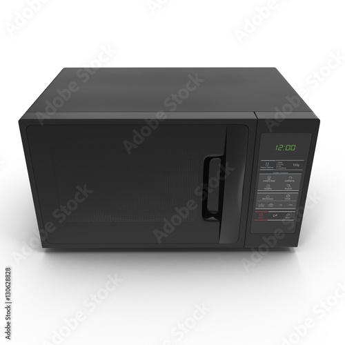 Black microwave oven with closed door on white. Front view. 3D illustration