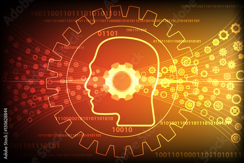 Gear wheel transform through human head silhouetted on gold background