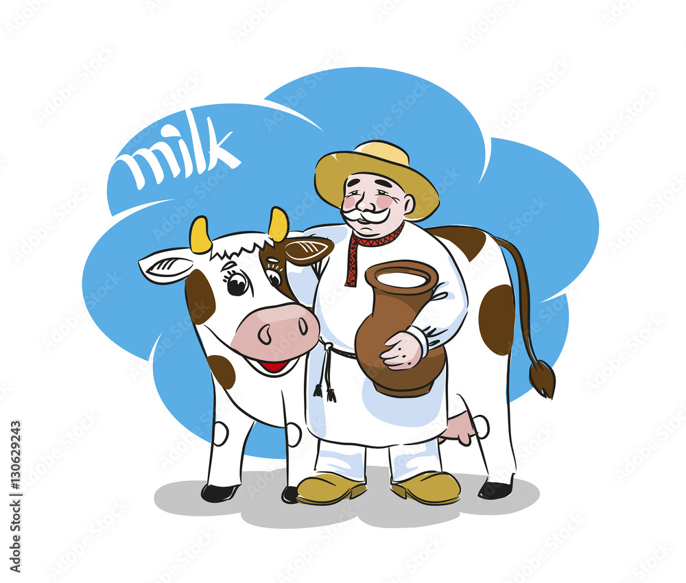 The milkman and a cow. A pitcher of milk