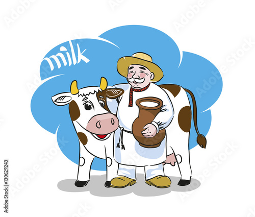 The milkman and a cow. A pitcher of milk