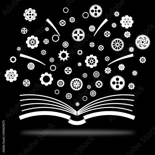 Variety gear wheel icon out from opened book in simple line art icon vector isolated on black background