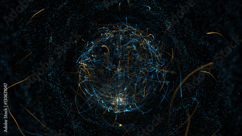 Abstract particle background with sphere shapes that have been heavily deformed by noise displacement force. Energy ball on black background. Real backlit dust particles with real lens flare.