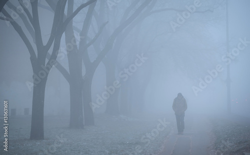 Fotografie, Obraz Man walking on the street a foggy day