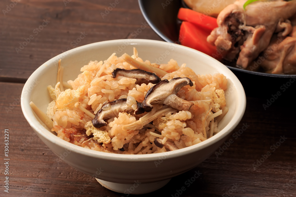 Japanese food, steamed rice with mushroom Japanese food, steamed rice with mushroom