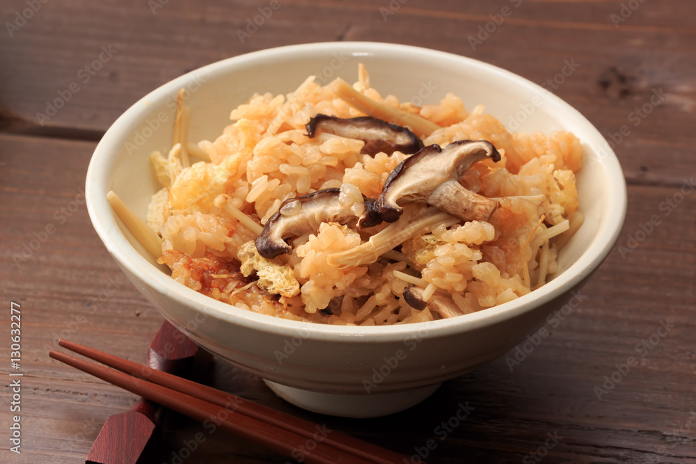 Japanese food, steamed rice with mushroom Japanese food, steamed rice with mushroom