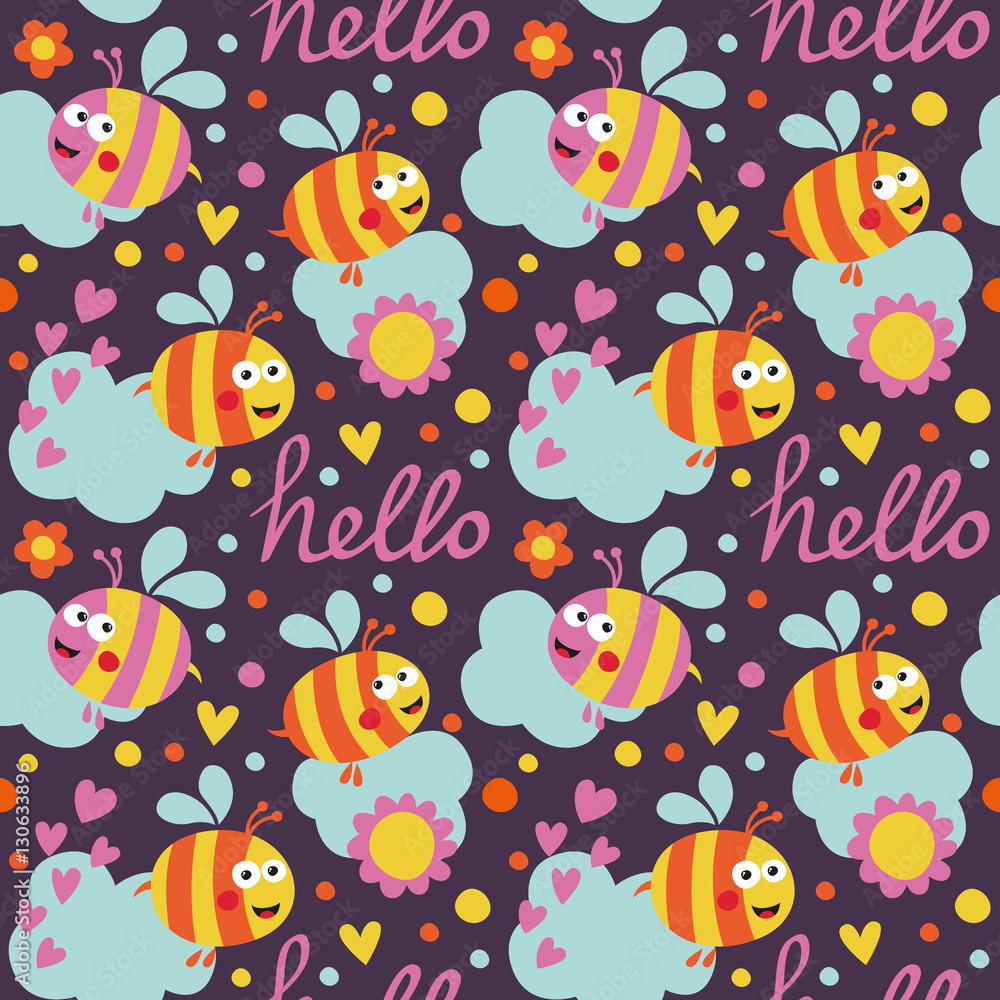 Seamless cute pattern maked with bee and circles for kids Seamless cute pattern maked with bee and circles for kids