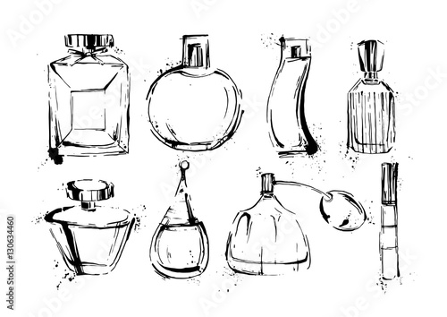 Perfume bottles set. Fashion sketch. Hand drawn vector illustrations.