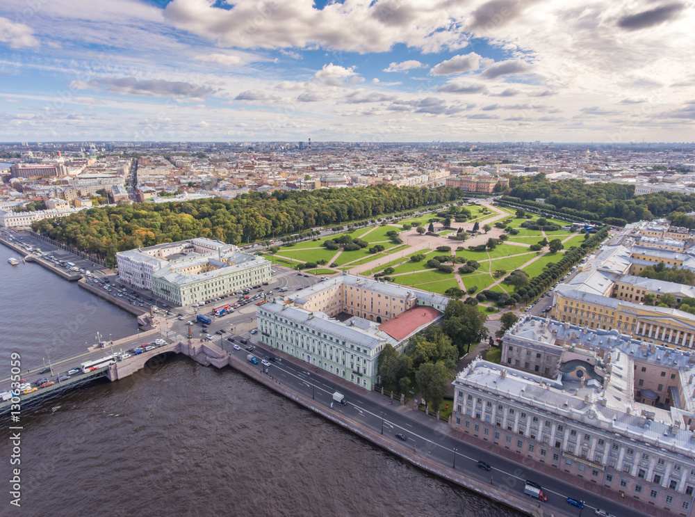 Russia, Saint-Petersburg, 19 September 2016: Aerial view of the memorable places of the Field of Mars, exit Trinity bridge, Kutuzova embankment, Palace, Summer garden, University Culture,