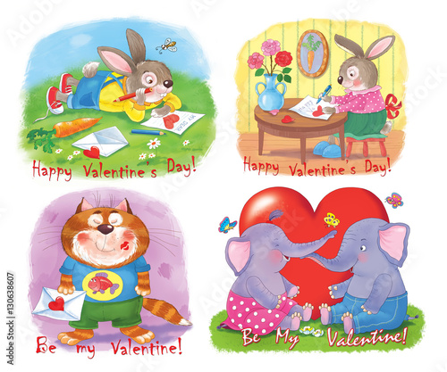 Fototapeta Naklejka Na Ścianę i Meble -  Greeting card for Valentine's Day. Cute animals. Illustration for children