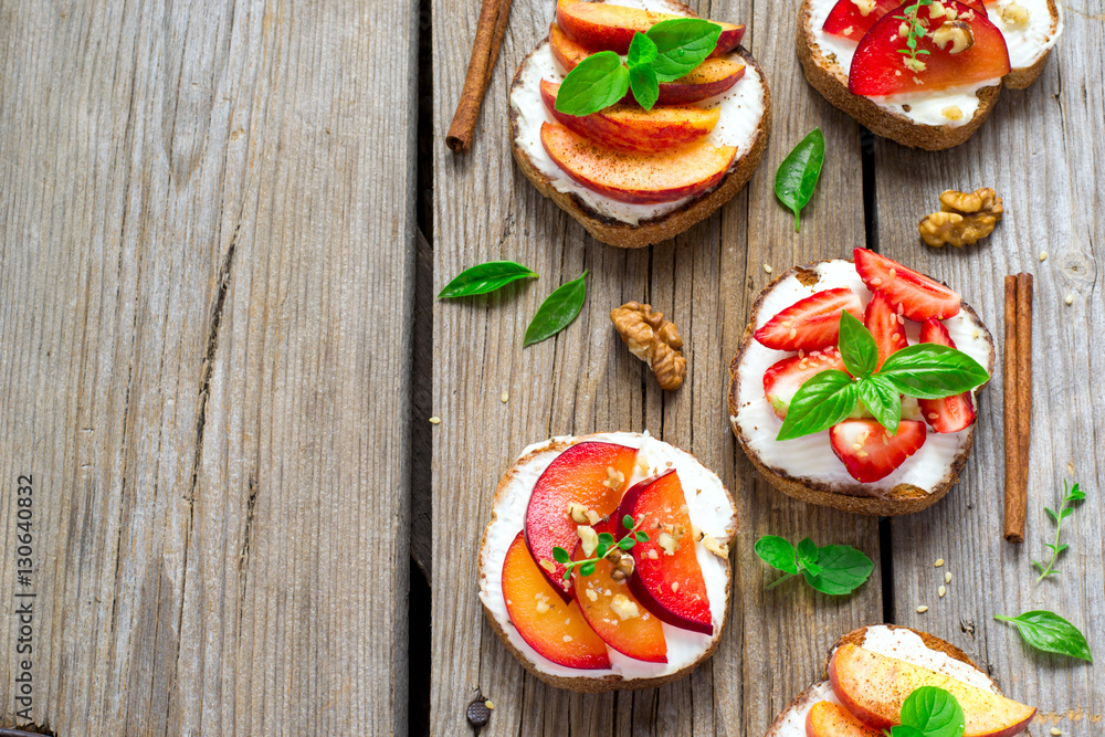 Fruit Bruschetta with cottage cheese and spices