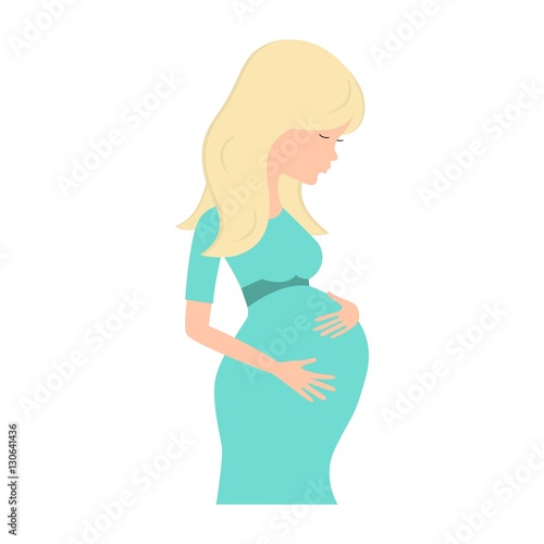 Pregnant blonde woman in turquoise dress isolated on white. Vector illustration.