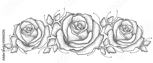 Vector illustration with three dotted rose flower and leaves in black isolated on white background. Floral elements with open rose in dotwork style for elegance design. Horizontal composition.
