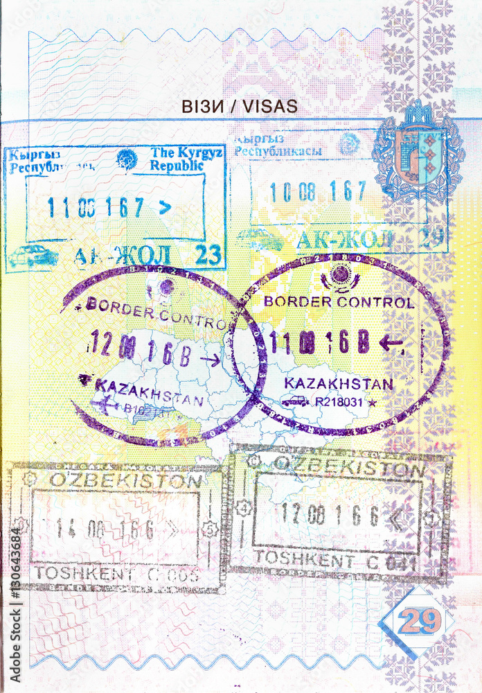 Passport with stamps of Kyrgyzstan, Kazakhstan, Uzbekistan