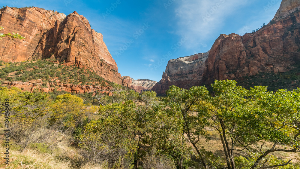 Beautiful sunny day during hike. A scenic view is seen from EMERALD POOLS TRAIL, Zion National Park, Utah, USA