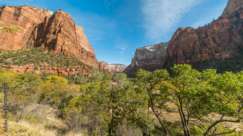 Beautiful sunny day during hike. A scenic view is seen from EMERALD POOLS TRAIL, Zion National Park, Utah, USA
