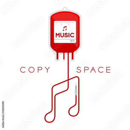 Blood bag type music red color and music note shape made from cord illustration isolated on white background, with copy space