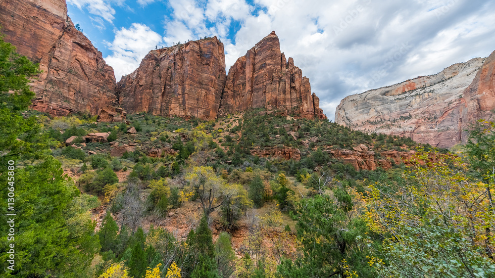Breathtaking view of the canyon. Beautiful sunny day during hike. A scenic view is seen from EMERALD POOLS TRAIL, Zion National Park, Utah, USA