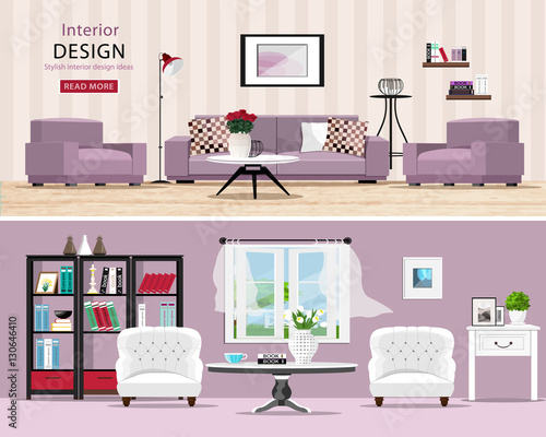 Cute rooms set: cozy classic and modern living rooms with furniture. Stylish interior design: big sofa and armchairs, table, window and bookcase. Vector illustration.