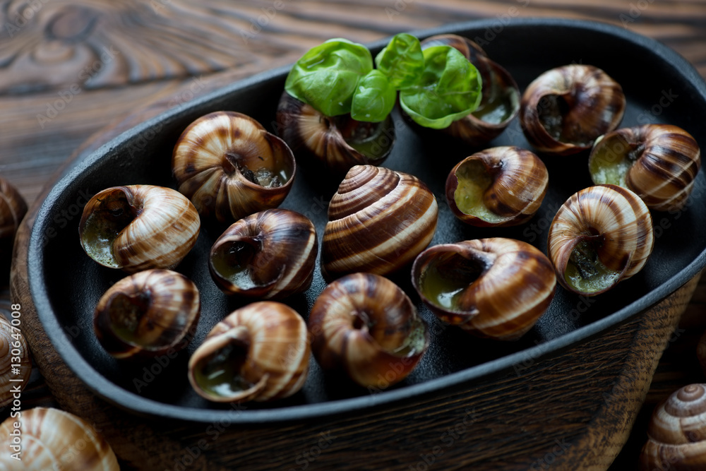 Closeup of a frying pan with baked bourgogne snails, studio shot Closeup of a frying pan with baked bourgogne snails, studio shot
