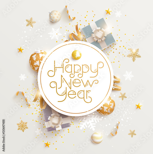 Happy New Year greeting card with gifts, balls and snowflake photo