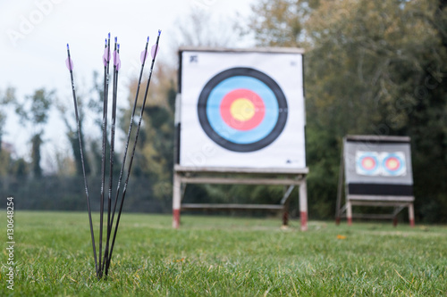 Outdoor archery targets on grass field surrounded by forest. photo